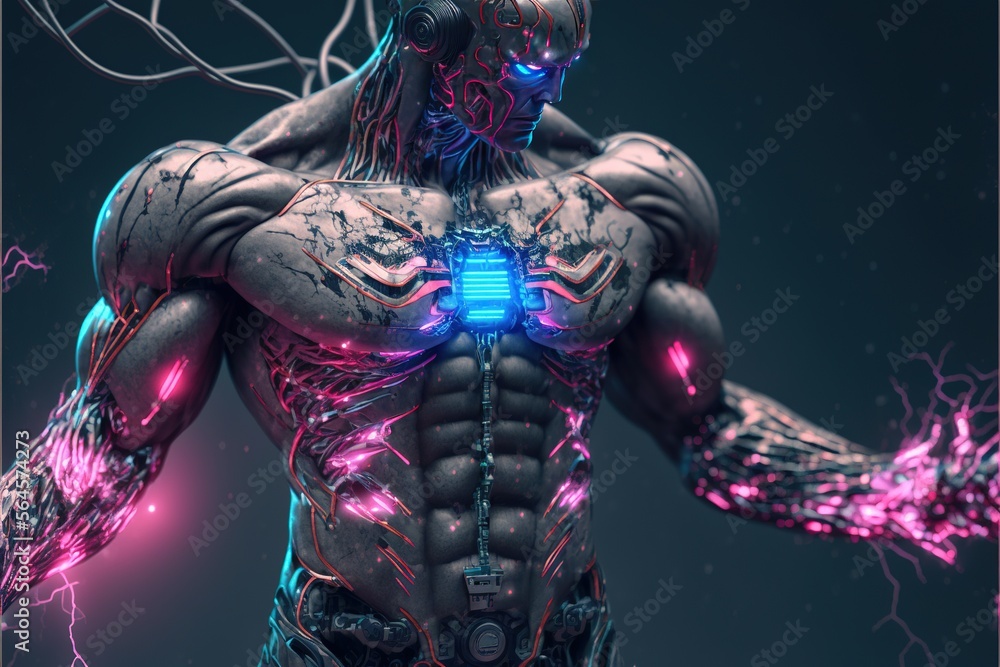 Poster cyborg robot with brain connection and neon effect. evil artificial intelligence robot. cyborg. robo