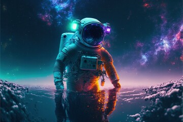 Astronaut swimming in the nebula water and stars with neon light effects. Astronaut in the water. astronaut. high-definition water life. Underwater life Generative AI