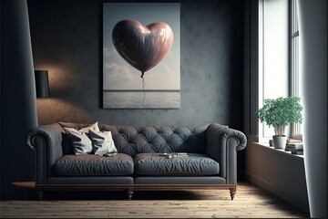 living room and sofa interior design 3D illustration, valentine heart balloon