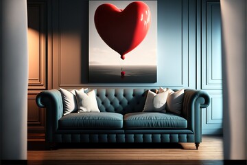 living room and sofa interior design 3D illustration, valentine heart balloon