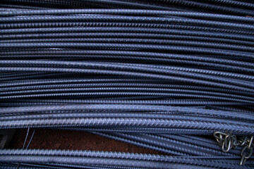 Pile of blue steel wire in construction site, closeup of photo