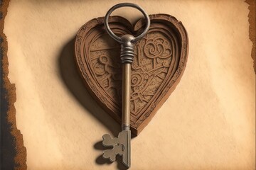 Old key with a heart of wood on paper background