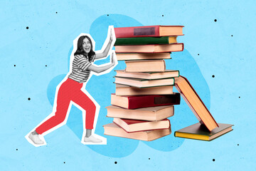 Composite collage picture of black white effect mini girl push huge pile stack book isolated on drawing blue background