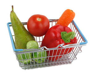 Collect your five a day fruit and vegetables with miniature shopping basket health awareness concept transparent png file