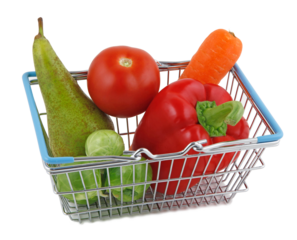 Collect your five a day fruit and vegetables with miniature shopping basket health awareness concept transparent png file
