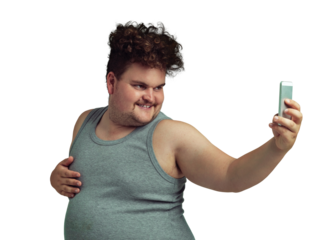 An overweight man taking a selfie with his phone isolated on a PNG background.