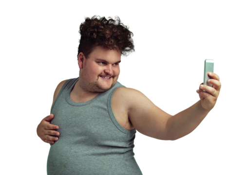 An overweight man taking a selfie with his phone isolated on a PNG background.