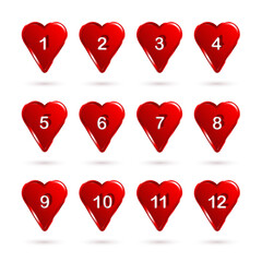 Valentine's Day Icon set, pack 12 number red heart pins for map. Number map pins icon set flat design for web and mobile applications. Bright and sparkly red and white icons at transparent background.