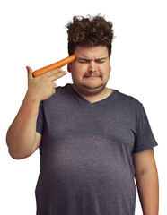 An overweight man holding a carrot to his head isolated on a PNG background.