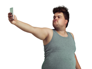 An overweight man taking a selfie while pouting isolated on a PNG background.