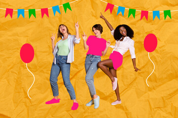 Creative collage image of three positive carefree girls dancing chilling isolated on decorated...