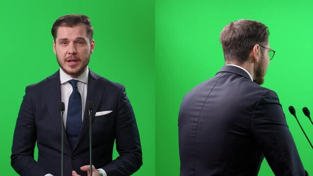 Split green screen, an elegant man standing on a green background, the lecturer speaks to the audience and gives a lecture using microphones, chroma key template.