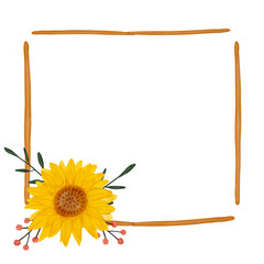 Watercolor sunflower frame. Yellow flowers garden farmhouse border. Hand drawn watercolor illustration isolated. Autumn flowers Thanksgiving fall