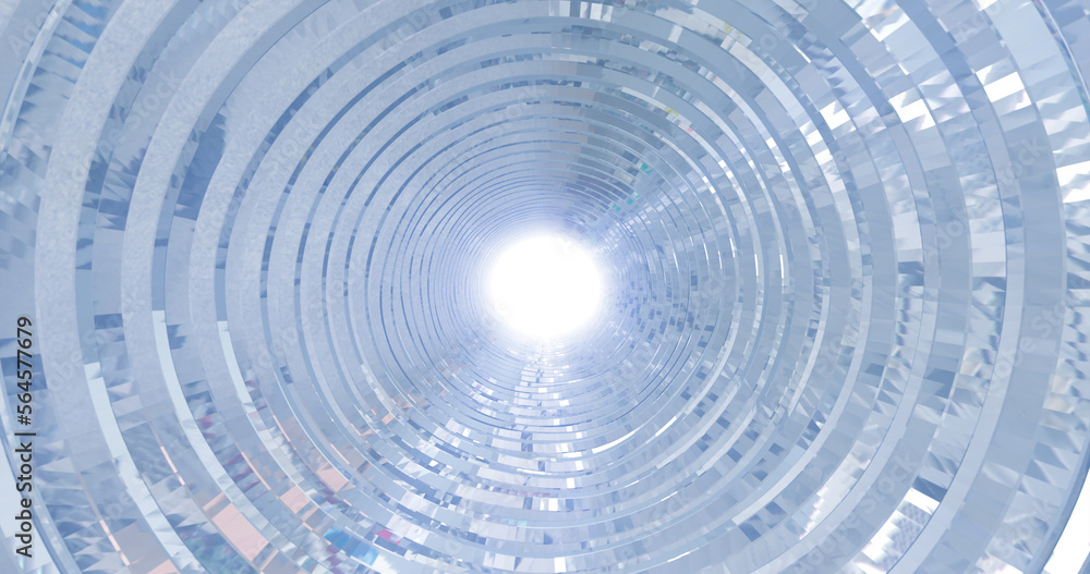 Poster a rotating silver metal chrome shiny tunnel with walls of ribs and lines in the form of a circle wit
