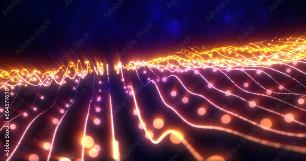 Poster abstract yellow orange shiny glowing lines rays of energy and magic waves from particles and dots, a