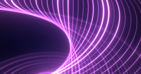 Abstract purple waves from lines and dots particles of glowing swirling futuristic hi-tech with a blur effect on a dark background. Abstract background