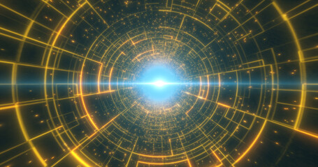 Abstract yellow glowing neon laser tunnel futuristic hi-tech with energy lines, abstract background