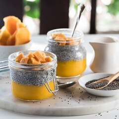 A close up of homemade chia pudding parfaits on a marble slab, ready for eating.