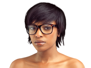 Portrait of a beautiful african woman looking seriously at the camera isolated on a PNG background.