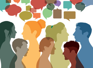 Communication between people in a crowd. Interviews. Vector Illustration. Diverse people from different cultures dialogue together.