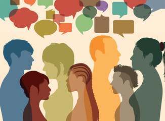 Communication between people in a crowd. Interviews. Vector Illustration. Diverse people from different cultures dialogue together.