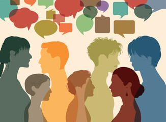 A communication bubble and a social networking site. Several people talking in a group profile. Crowd speaks, concept communicates. Vector Illustration	