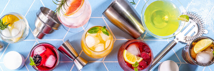 Set of summer drinks, mocktails, cocktails