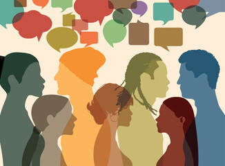 People with diverse backgrounds are coloured by immigration and crowds. Globalisation and Diversity. A multi-ethnic population that communicates and shares ideas. Disorganisation and confusion.