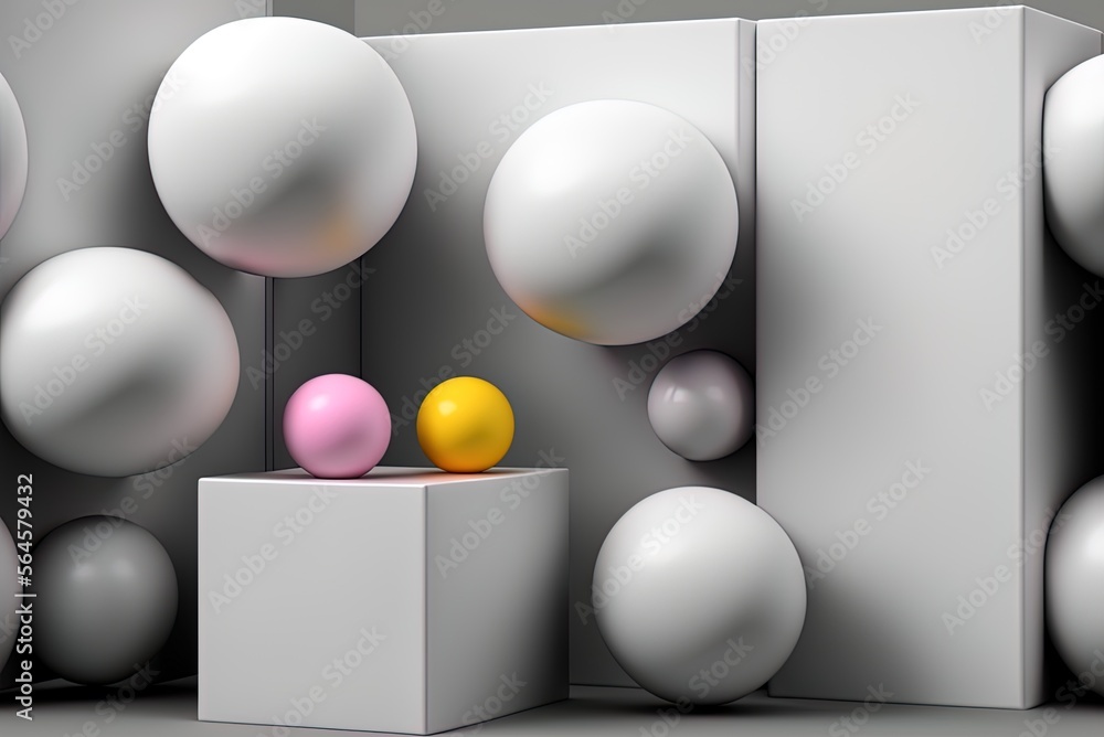 Poster white cubes and bright balls on a gray backdrop; an abstract image. generative ai