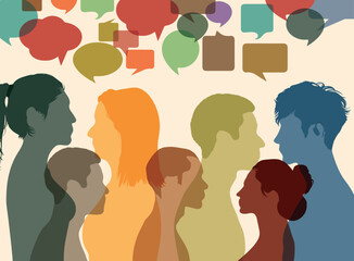 Multiethnic and multicultural people talking and dialoguing in a crowd. People share ideas and communicate with each other. Vector Illustration	