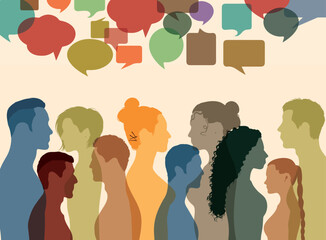 Diversity among people and a multiracial society. Various people's faces abstracted in profile. Working together as a team or in a community. Vector Illustration
