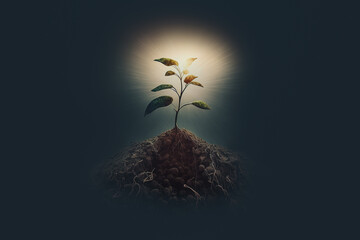 plant growing from the ground at dawn. Generative AI illustration