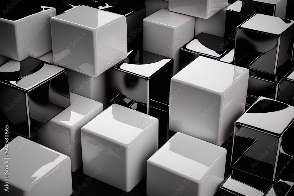 Poster assembly of shiny white cubes illustration of an abstract design on a black backdrop generative ai