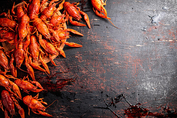 Boiled crayfish on a cutting board. 