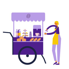 Barista makes coffee in a street mobile kiosk. Coffee shop street food stall. Flat cartoon vector illustration
