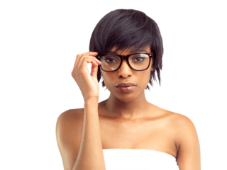 A beautiful african woman loooking seriously through her spectacles isolated on a PNG background.