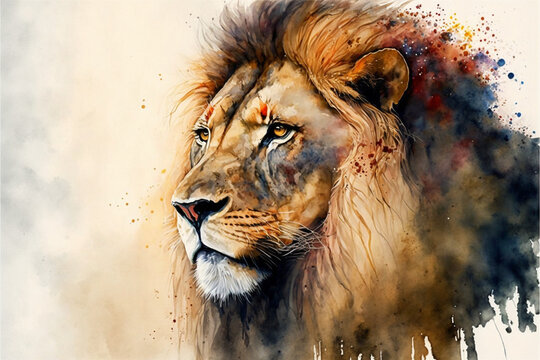 Beautiful portrait of a Watercolor Lion Painting, Generative AI