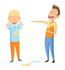 Kids bullying. Childish bullies or verbal and physical conflict between children. Bad child behavior, scared and strong angry children conflict, cartoon characters confrontation