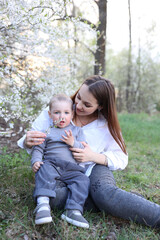 Naklejka na ściany i meble mother hugs her little son in spring near a blooming tree. Spring and plum blossom. Mother's Day. The love of a son and a mother. Gray clothes for a one-year-old boy. Kiss the son. child's laughter