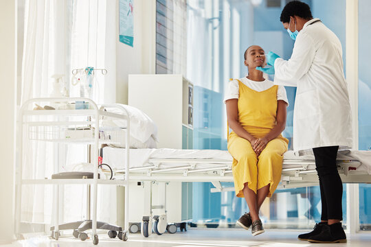 Covid 19 Test, Doctor And African Patient For Hospital Healthcare, Medical Support And Corona Virus Exam. Mockup, Safety Consultation And Black Woman With PCR Nose Swab From Clinic Worker Or Nurse