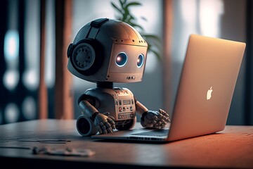 Cute 3D Robot Android AI Working On Laptop - obrazy, fototapety, plakaty