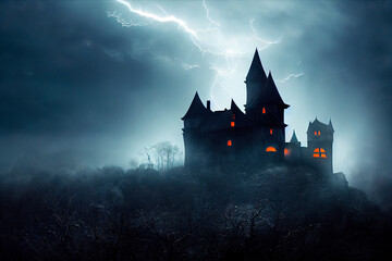 A medieval fortress stands ominous in a storm, with fiery windows glowing in the darkness. The ominous ambiance evokes the spooky and mystical essence of Halloween.