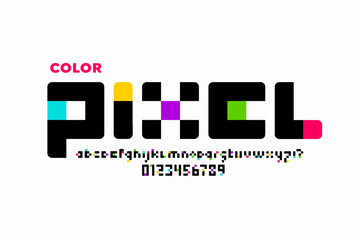 Color Pixel font, alphabet letters and numbers, vector illustration