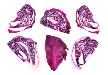 Slices of red cabbage isolated on white background. Top view