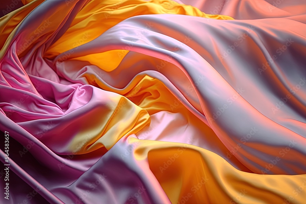 Poster closeup of folds in a pink and yellow iridescent cloth with close focus on the fabric's texture and 