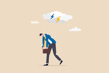 Having bad day, disappointed work, discourage or depression, failure feeling bad or difficulty, having problem and trouble concept, depressed wet businessman walking in raining thunderstorm.y - obrazy, fototapety, plakaty