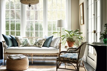 Bright and airy sunroom with floor-to-ceiling windows and a vintage-style rattan settee generative ai