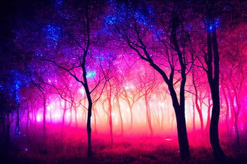 Fototapeta na wymiar A forest shrouded in mystical fog, illuminated by neon lights in orange and purple hues, creating a fantastical and enchanting atmosphere.