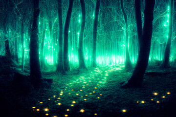 A mystical forest with neon lights creating a fabulous atmosphere. Fog adds to the mystery with an orange and purple glow, reminiscent of a fairy tale.