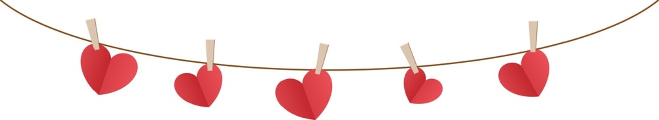Garland  red paper heart clip on clothesline,  png with transparent background © i_fleurs